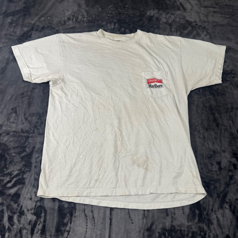 Marlboro T-Shirt Mens XL White Adventure Team Vintage Motorcycle Pocket Graphic